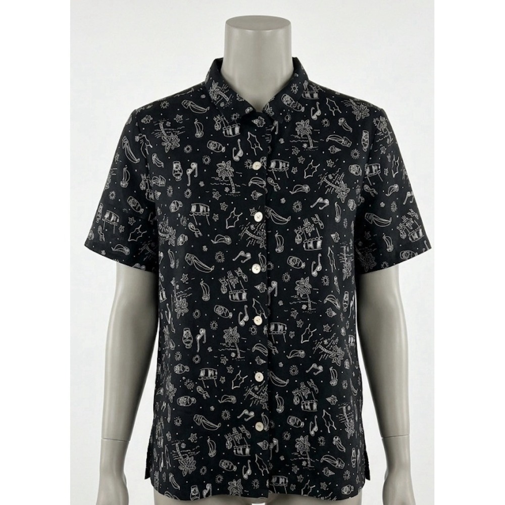 ALLYSON WHITMORE Black Linen Rayon Hawaiian Camp Shirt Sailboats Palm Trees XL